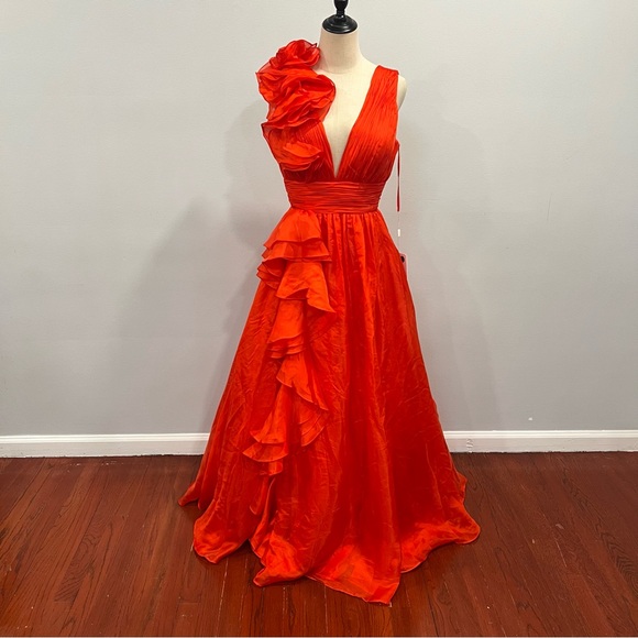 Mac Duggal Cherry Ruffle Shoulder Plunge V-Neck Chiffon Ruched Empire Waist Gown - Picture 1 of 14